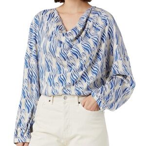 NWT SISLEY Long Sleeve Drape Neckline Tie Open Back Pattern Blouse size Medium